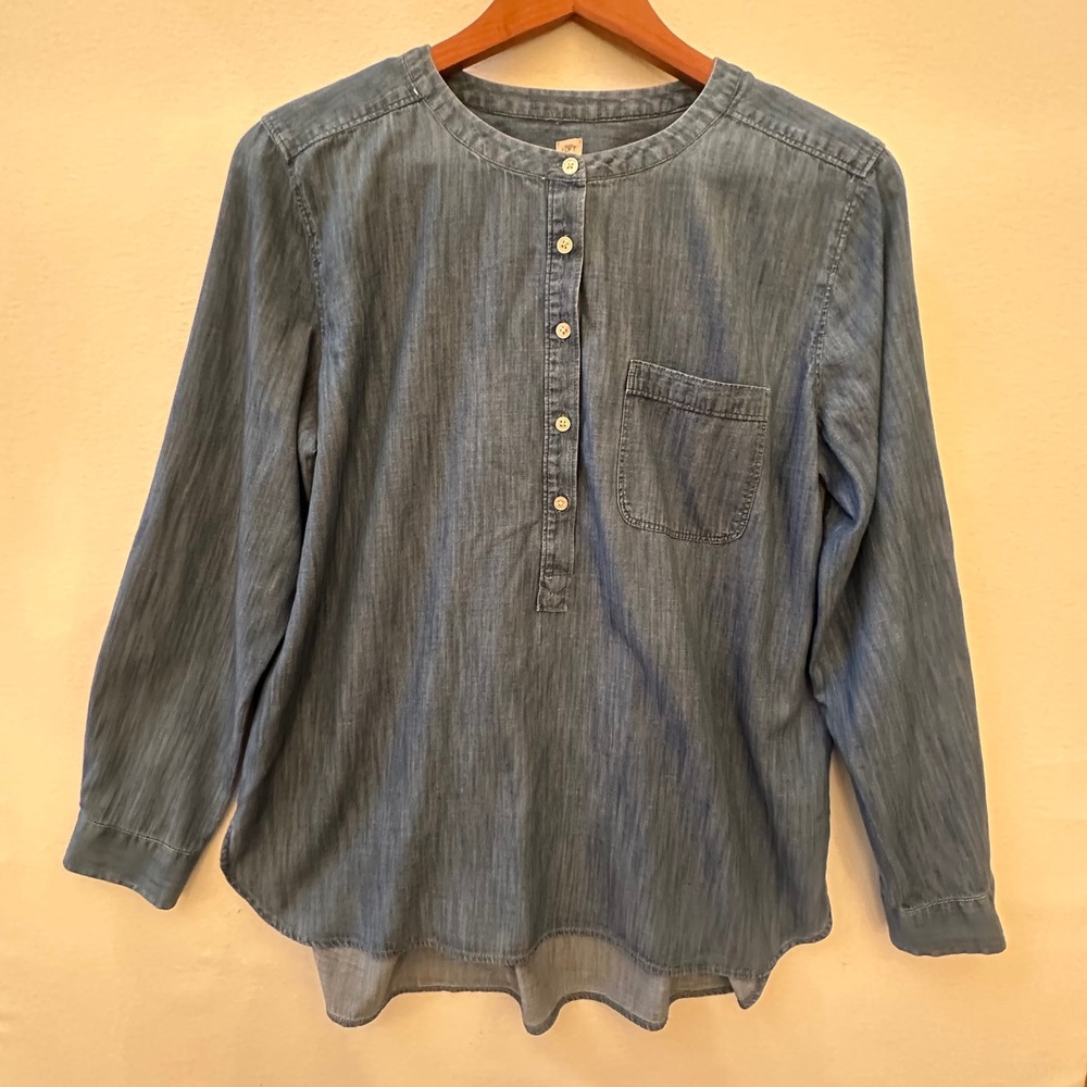 Loft Softened Shirt Womens Large Blue Chambray Denim Henley Band Collar Top